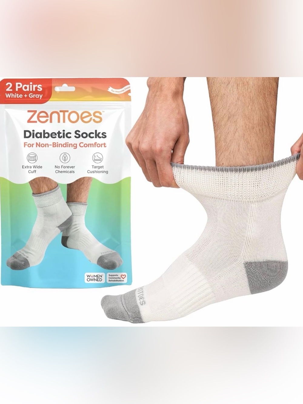 2pairs ZenToes Diabetic Socks for Women & Men, Non-Binding Cuff, 2 Pairs (Large